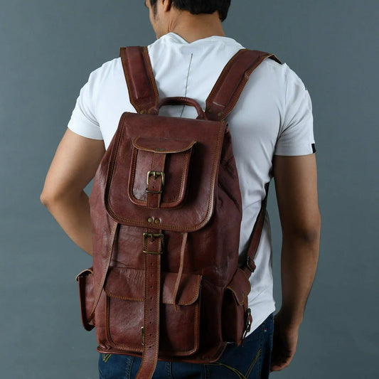 Rictus Hiking Backpack Walnut Brown leather with brass buckles by Classy Leather Bags on Tampa Home & Garden Store