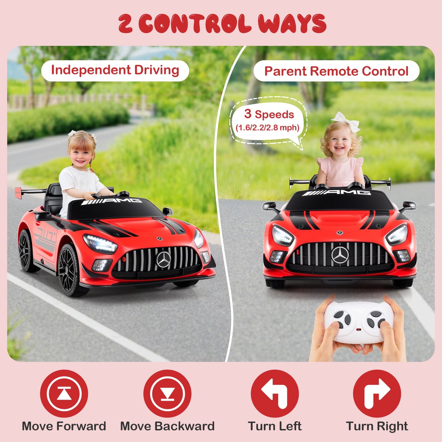 12V Mercedes AMG GT3 ride-on car red with 3 speeds, independent driving or remote control on Tampa Home & Garden Store