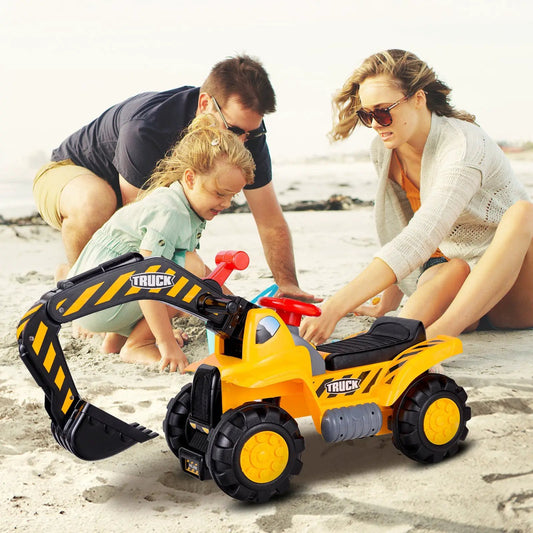 Ride-on bulldozer toy with yellow and black body, red shovel, TRUCK brand on Tampa Home & Garden Store