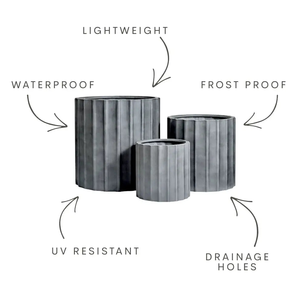 Ripple Statement Planter gray ribbed outdoor planters, 3-piece set on Tampa Home & Garden Store