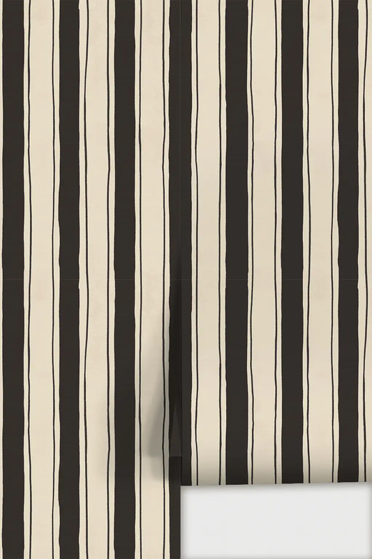 Riviera Stripe wallpaper off-white and black with bold vertical stripes on Tampa Home & Garden Store
