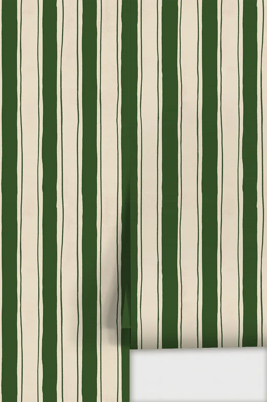 Riviera Stripe Wallpaper in off white and dark green with vertical stripes on Tampa Home & Garden Store
