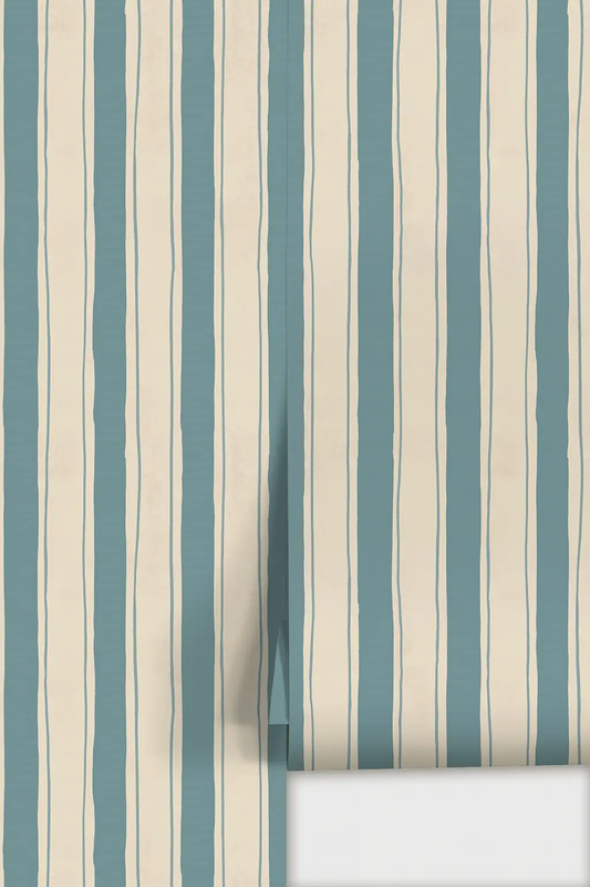 Riviera Stripe Wallpaper off white and dusty blue with vertical stripes on Tampa Home & Garden Store