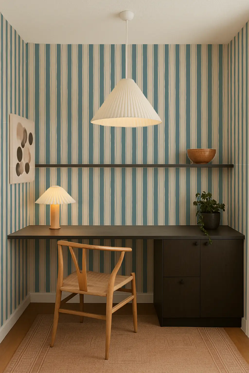 Riviera Stripe Wallpaper off white and dusty blue vertical stripes Samantha Santana Creative on Tampa Home & Garden Store