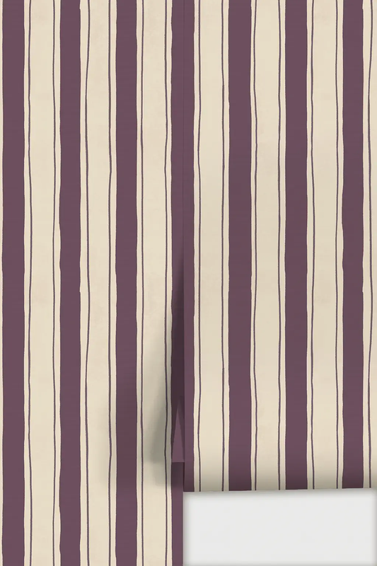 Riviera Stripe Wallpaper in off-white and eggplant by Samantha Santana Creative on Tampa Home & Garden Store