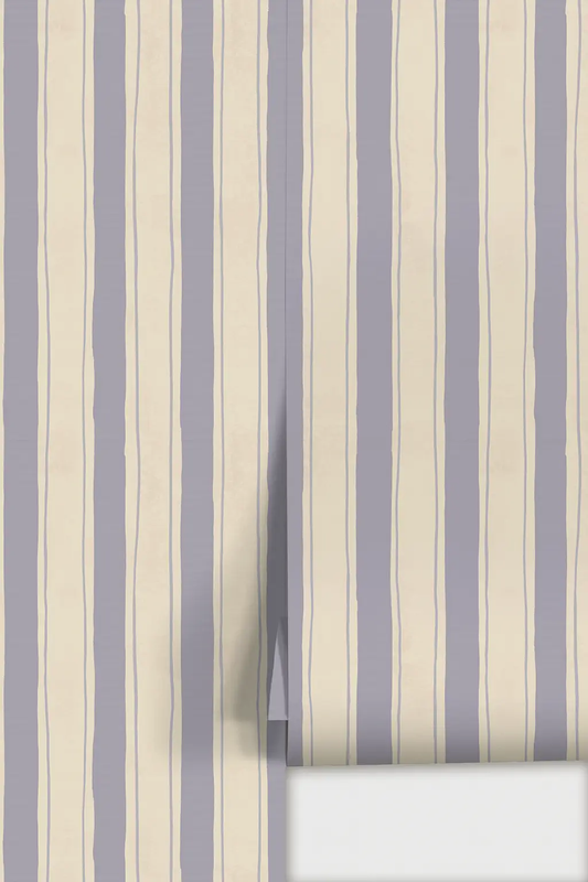 Riviera Stripe Wallpaper off-white and lavender with bold vertical stripes on Tampa Home & Garden Store