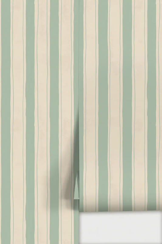 Riviera Stripe wallpaper off-white and mint with vertical stripes Samantha Santana Creative on Tampa Home & Garden Store