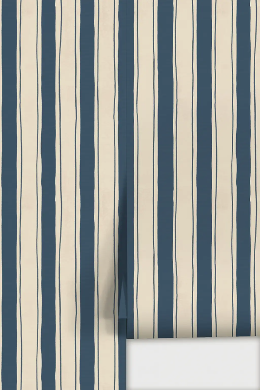 Wallpaper Riviera Stripe off white navy with vertical stripes by Samantha Santana Creative on Tampa Home & Garden Store