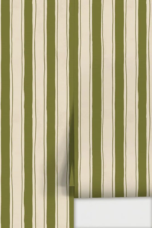 Riviera Stripe Wallpaper off-white olive green, vertical stripes by Samantha Santana Creative on Tampa Home & Garden Store