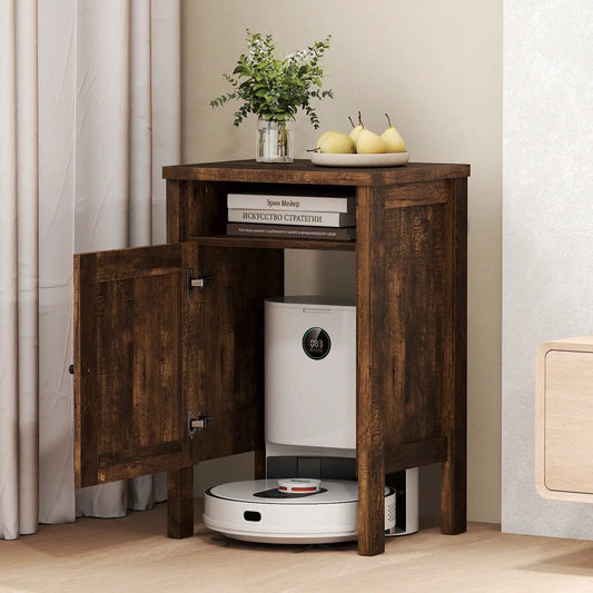 Robot Vacuum Storage Cabinet with Door and Shelf in dark wood, plant on top, vacuum below on Tampa Home & Garden Store