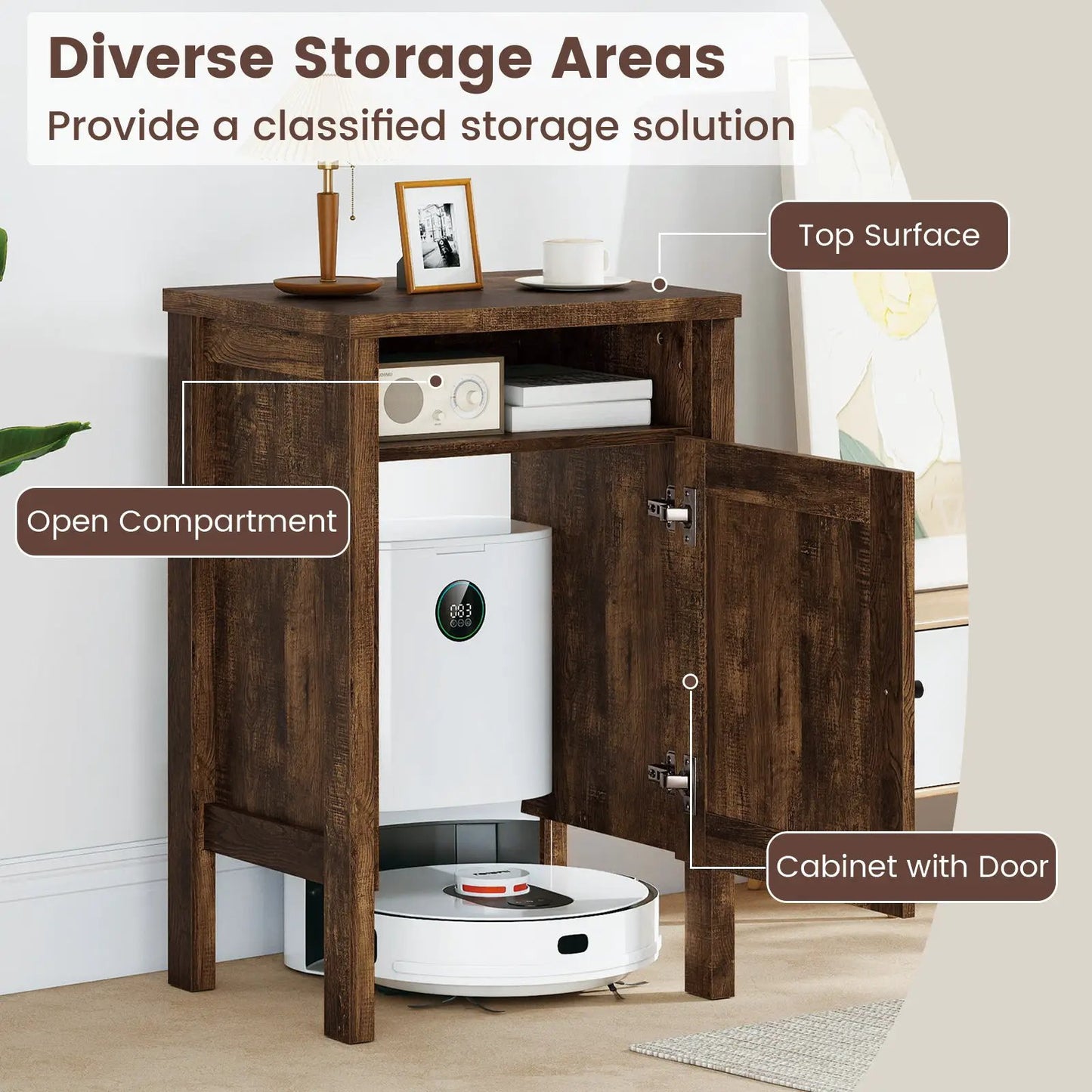 DirectDeals Robot Vacuum Storage Cabinet with Door and Shelf in dark wood finish on Tampa Home & Garden Store