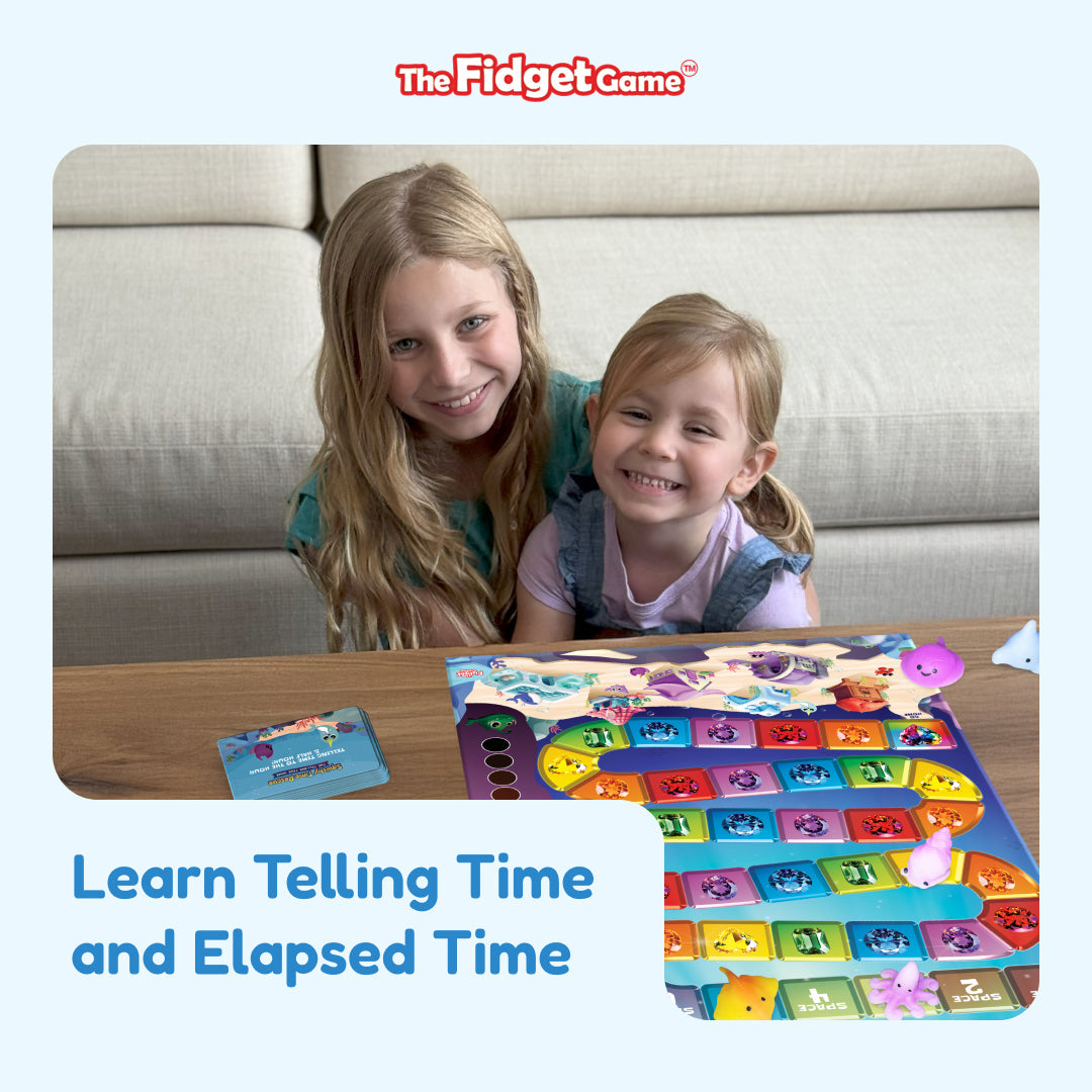 Squishy Time Rescue board game by The Fidget Games, two kids enjoy a colorful gem-tile board on Tampa Home & Garden Store