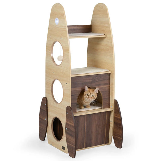 Rocket Cat Tree 47 Inch Wooden Tower DirectDeals wood dark panels circular holes cat perch on Tampa Home & Garden Store