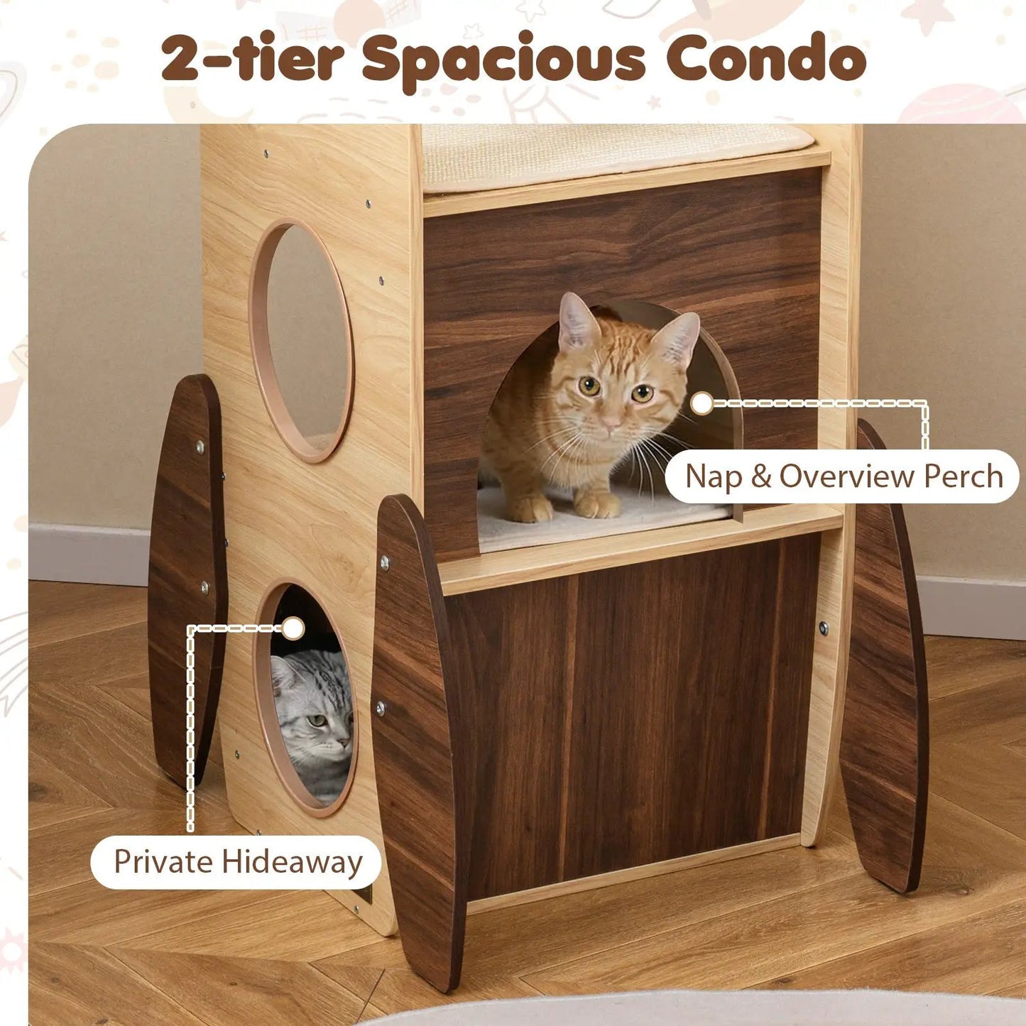 Rocket Cat Tree 47 Inch wooden cat tower natural wood with dark panels and circular openings on Tampa Home & Garden Store