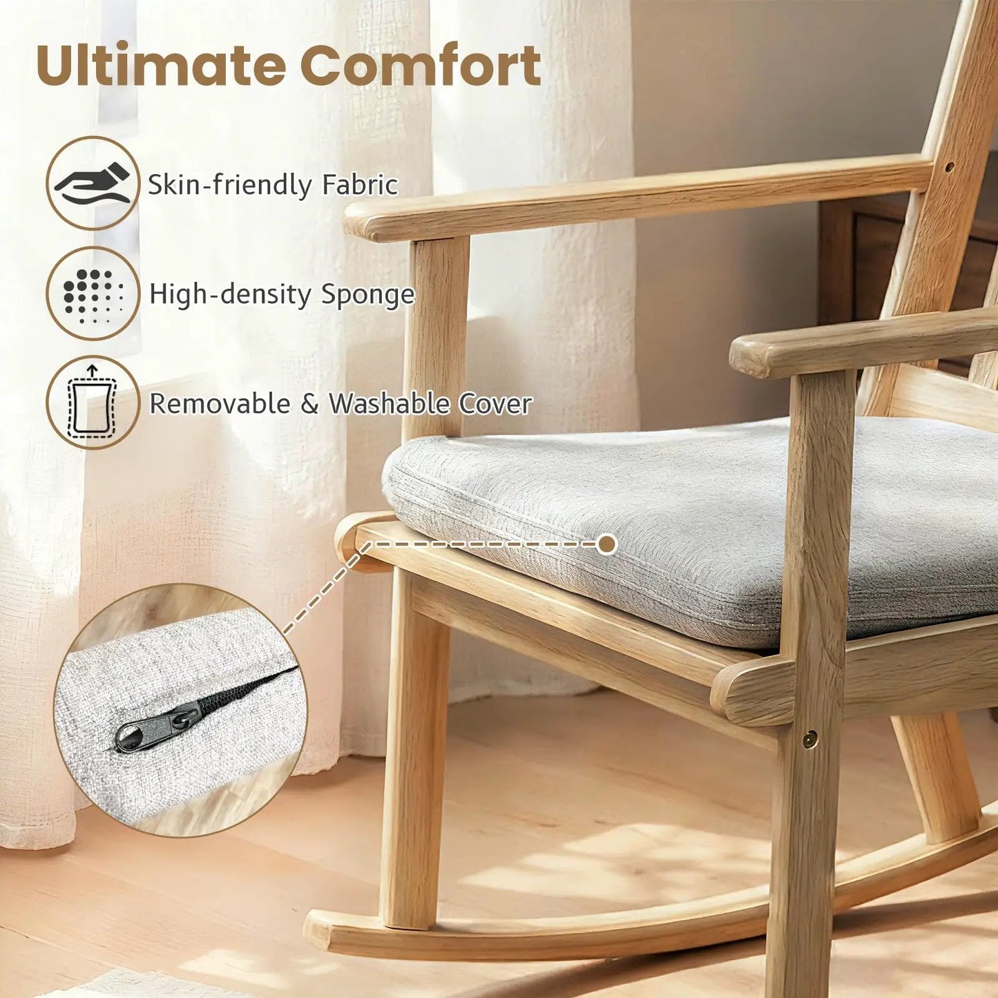 Rocking chair with cushion in natural rubber wood, light gray seat, washable cover on Tampa Home & Garden Store