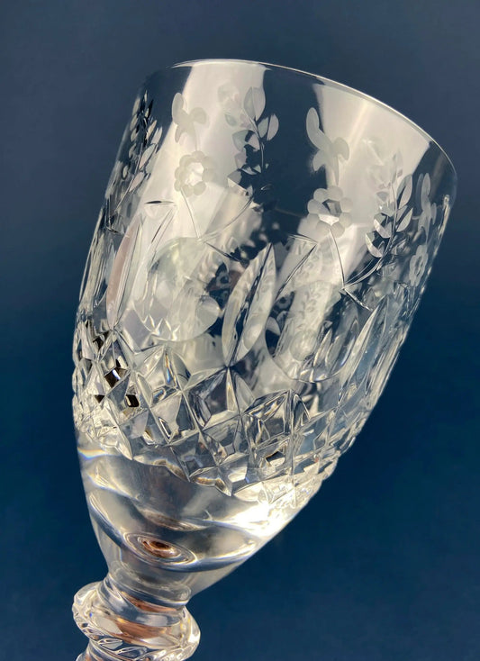 Rogaska crystal goblet with Gallia Gold pattern, etched floral design, clear crystal on Tampa Home & Garden Store