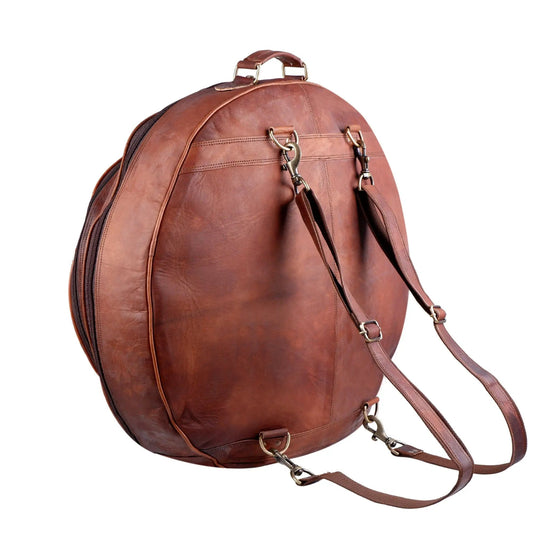 Rogers Real Leather Cymbal Bag Backpack brown leather with top handle and brass hardware on Tampa Home & Garden Store