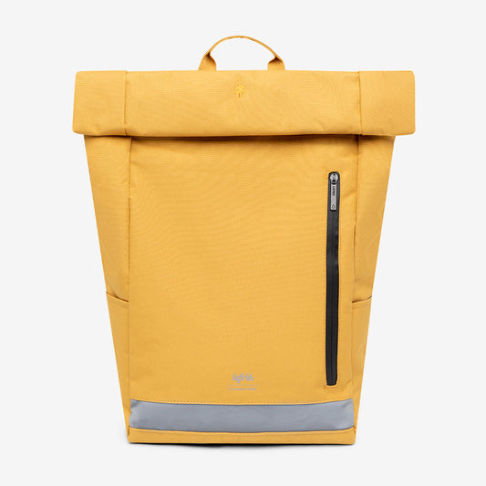 Roll-top backpack mustard by Lefrik USA with reflective bottom and vertical front zip pocket on Tampa Home & Garden Store