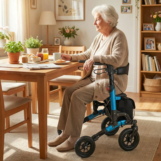DirectDeals Rollator Walker for Seniors Folding Seat blue frame, elderly woman at dining table on Tampa Home & Garden Store