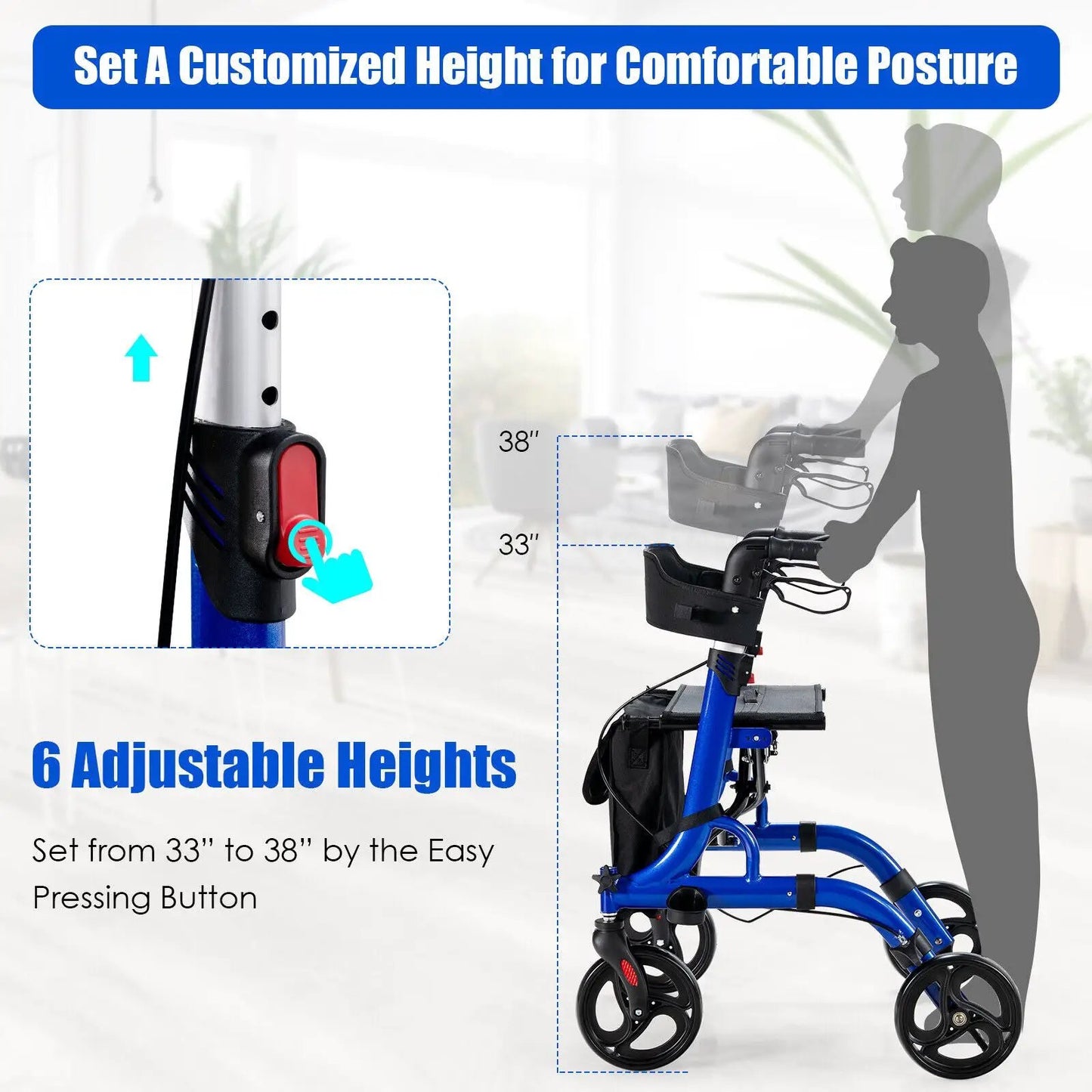 DirectDeals folding aluminum rollator walker with seat, blue frame and 6 adjustable heights on Tampa Home & Garden Store