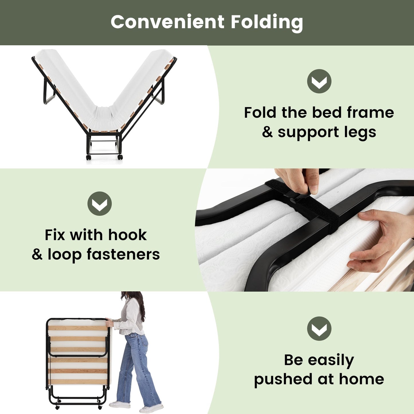 DirectDeals rollaway folding bed with memory foam mattress, black metal frame on casters on Tampa Home & Garden Store