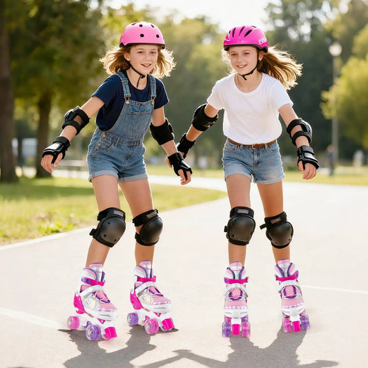 DirectDeals Teen Roller Skates with Light-Up Wheels, two pink-purple pairs with helmets on Tampa Home & Garden Store