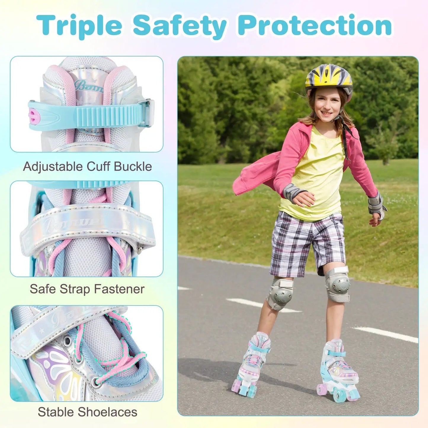 Roller Skates for Teens with Light-Up Wheels in pastel blue and pink adjustable cuff buckle on Tampa Home & Garden Store