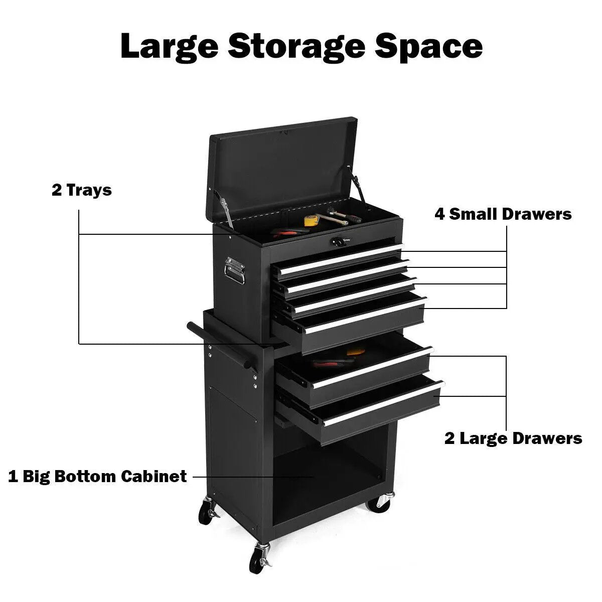 Rolling cabinet storage chest, black metal toolbox with 2 large and 4 small drawers on casters on Tampa Home & Garden Store