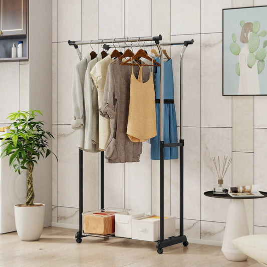 Rolling Clothes Rack with Double Rods, chrome rails and black frame on wheels on Tampa Home & Garden Store