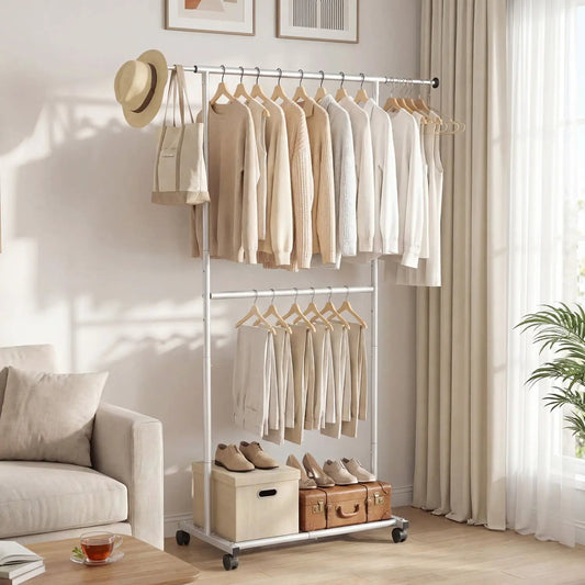 Rolling Clothes Rack Double Rods and Wheels