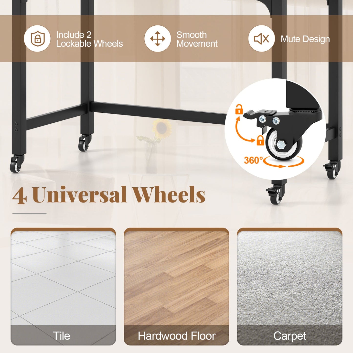 Rolling Computer Desk 48x24 by DirectDeals, 4 universal wheels and 2 lockable wheels, black on Tampa Home & Garden Store