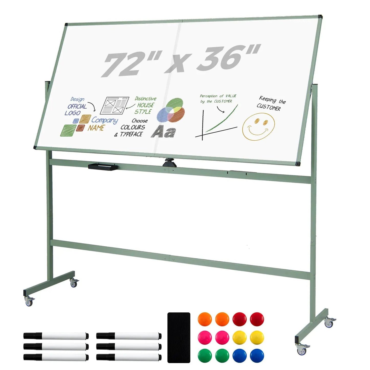 Double-Sided Magnetic Whiteboard on Wheels with green frame and mobile stand on Tampa Home & Garden Store