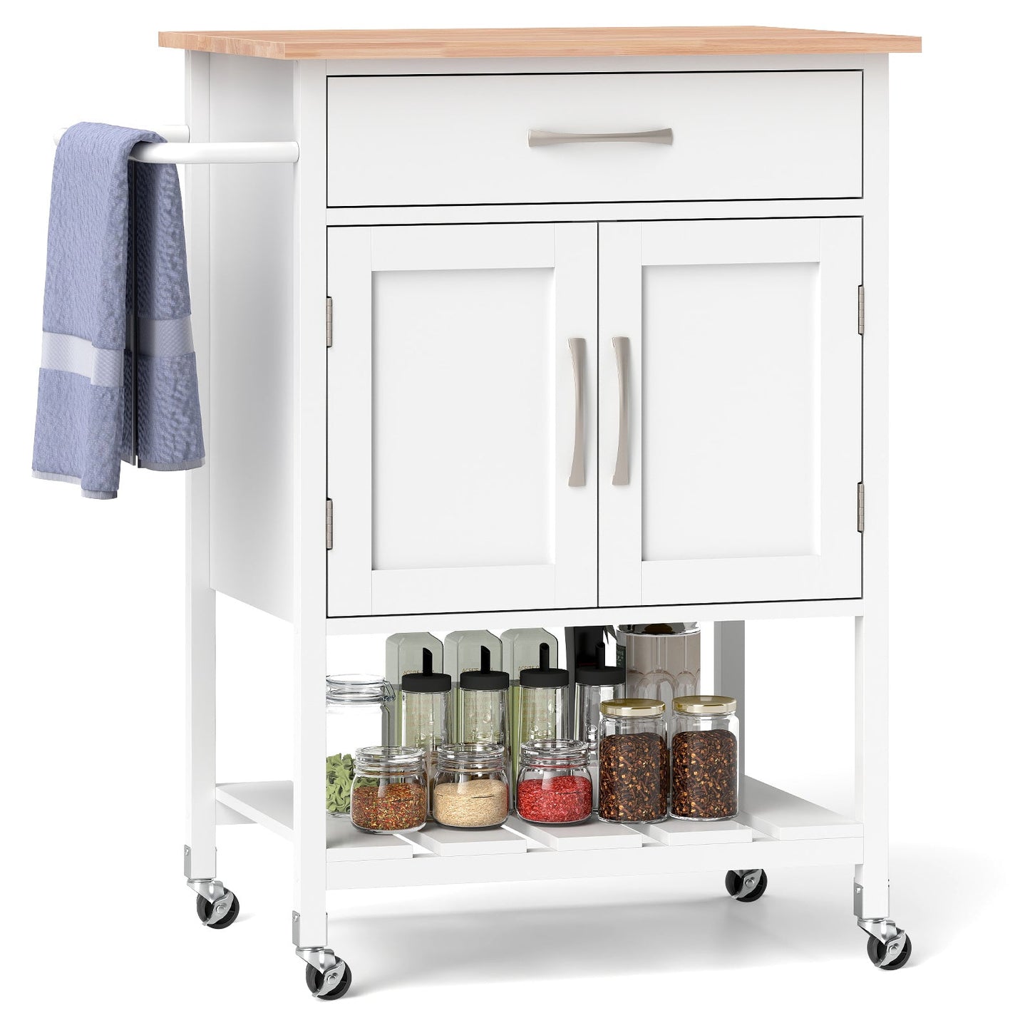 White kitchen island cart with natural wood top, drawer, cabinet doors, towel rack, on wheels on Tampa Home & Garden Store