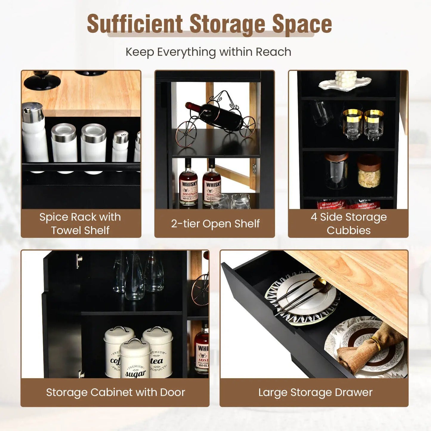 Drop-Leaf Kitchen Island with Rubber Wood Top - Tampa Home & Garden Store