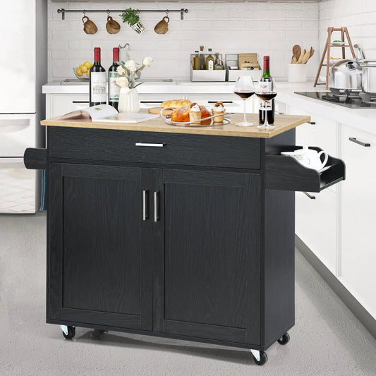 Rolling Kitchen Island Cart DirectDeals black wood finish with towel and spice rack on Tampa Home & Garden Store