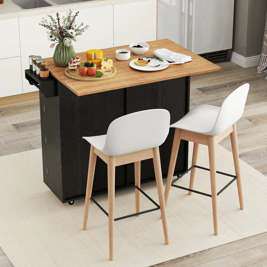 Rolling Kitchen Island with Trash Can Cabinet on black base with wood top, 2 stools on Tampa Home & Garden Store
