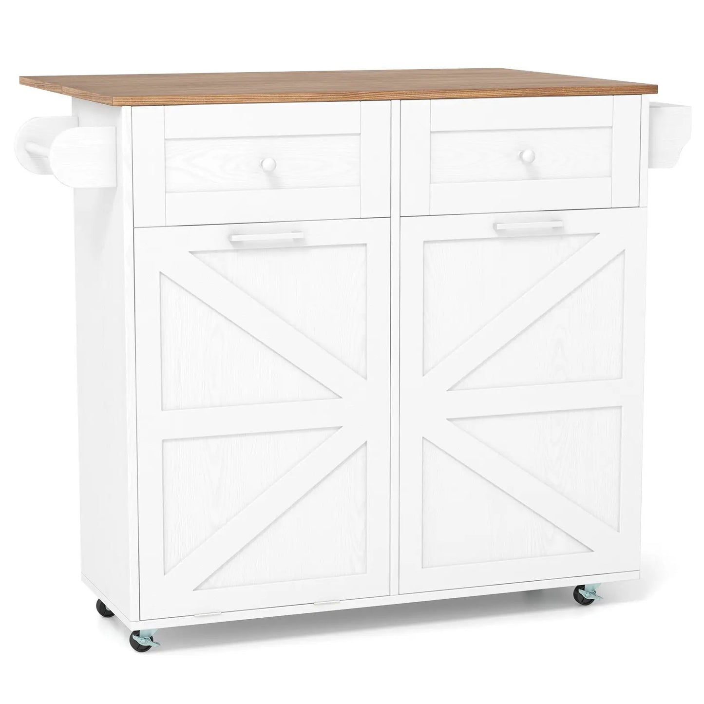 Rolling kitchen island with trash can cabinet, white base, wood top, caster wheels on Tampa Home & Garden Store