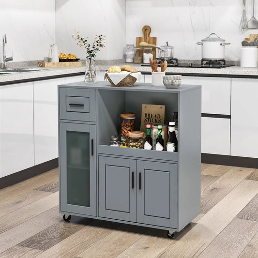 Rolling kitchen island on wheels with glass door cabinet in gray on Tampa Home & Garden Store
