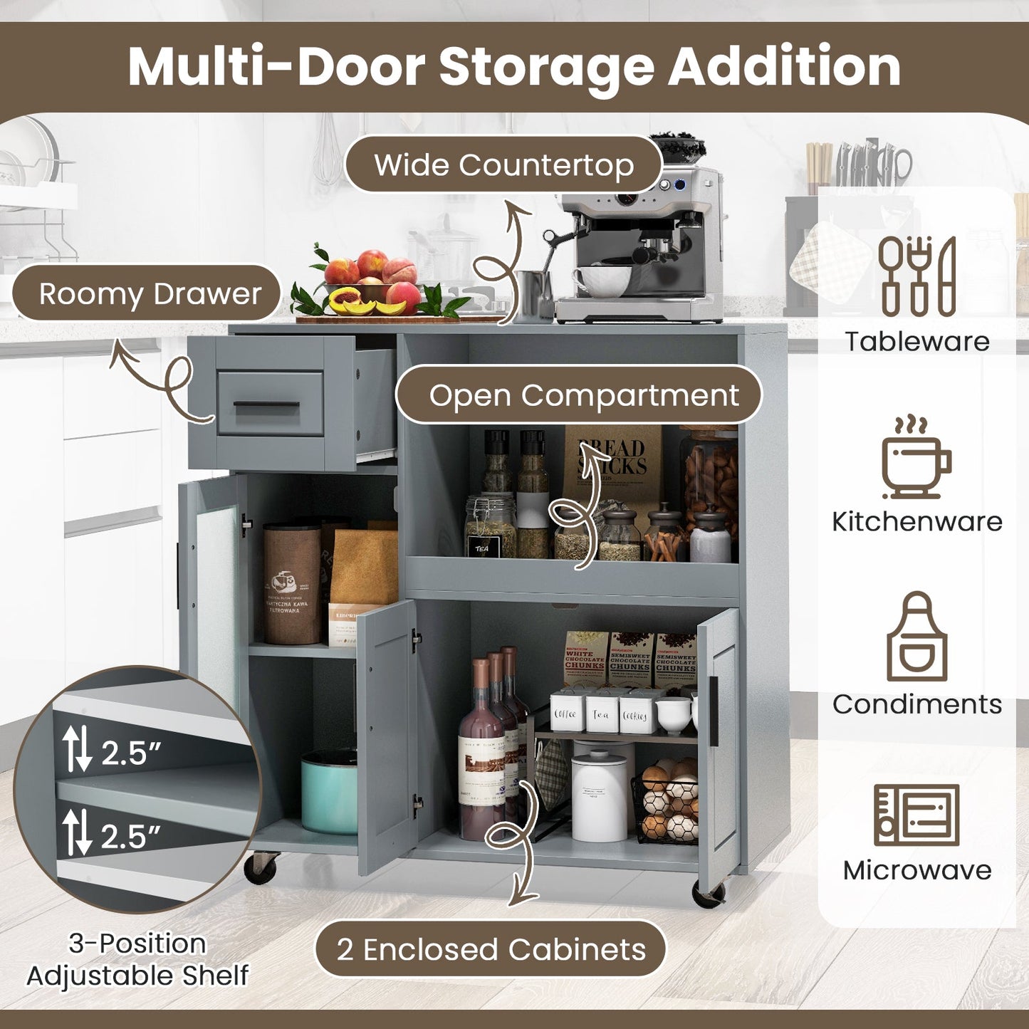 Rolling kitchen island with wheels gray finish glass door cabinet DirectDeals on Tampa Home & Garden Store