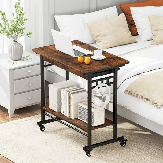 Rolling laptop table with pull-out keyboard tray, brown wood top, black metal frame on casters on Tampa Home & Garden Store