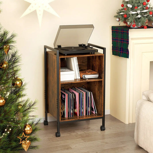 Mobile record player stand with power outlet on brown wood cabinet with black metal frame on Tampa Home & Garden Store