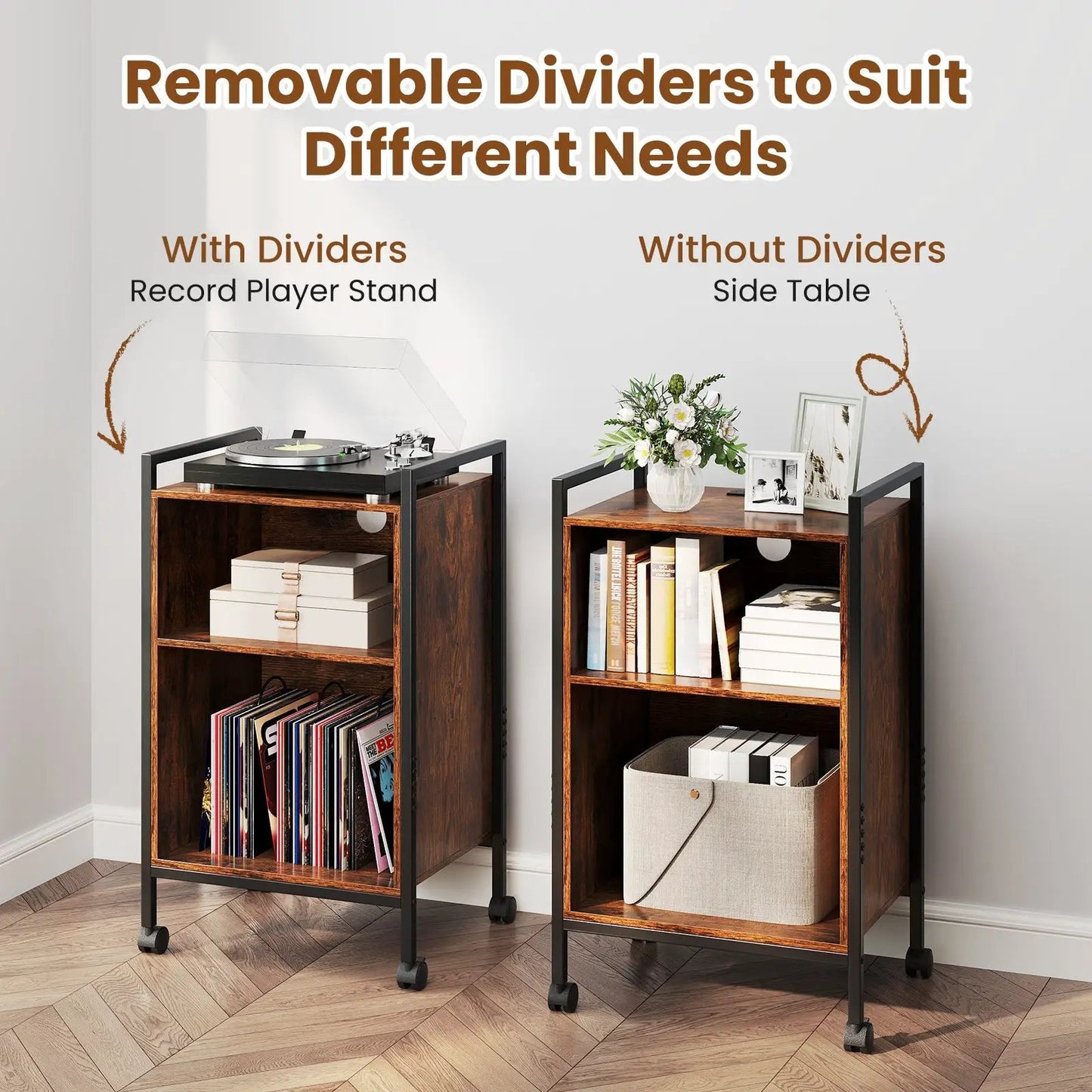 Mobile record player stand with power outlet, dark wood shelves on black metal frame, two units on Tampa Home & Garden Store