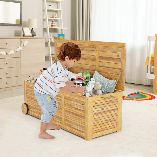 Rolling patio wooden deck box in natural finish with 2 wheels DirectDeals on Tampa Home & Garden Store