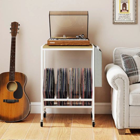 Rolling record player stand on wheels with vinyl storage shelves and top turntable, white frame on Tampa Home & Garden Store