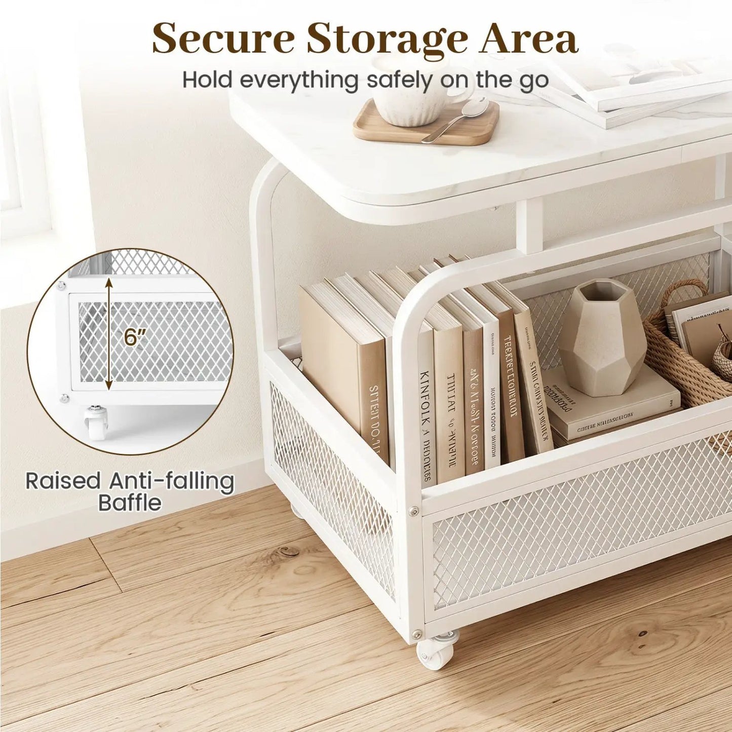 Rolling Side Table Faux Marble Top and Basket