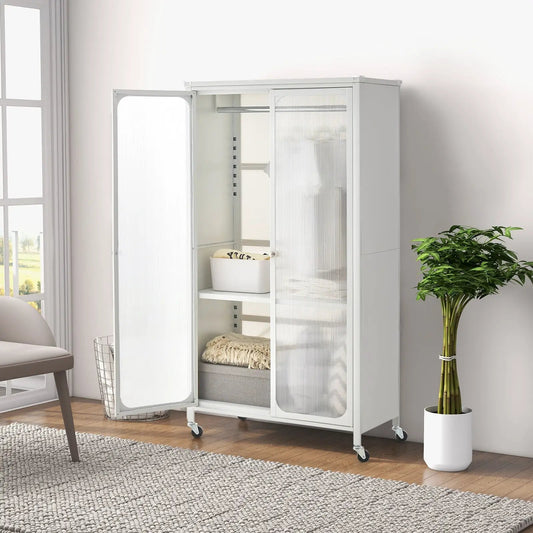 Rolling Storage Armoire Closet with Hanging Rod and Adjustable Shelf-White - Tampa Home & Garden Store