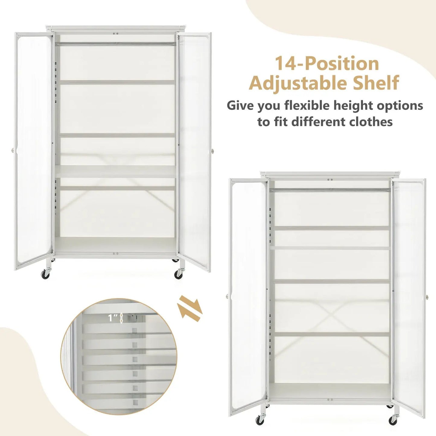 Rolling storage armoire closet with hanging rod and adjustable shelves, white wardrobe on casters on Tampa Home & Garden Store