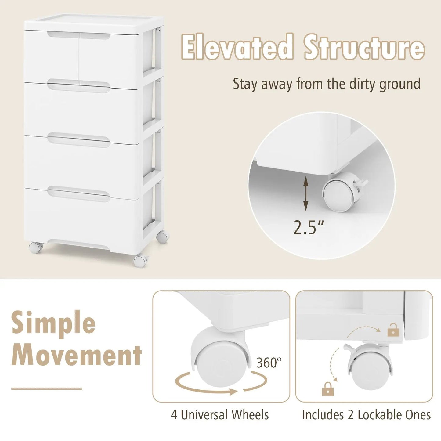 Rolling storage cabinet with universal wheels, white, 4-drawer utility cart on Tampa Home & Garden Store