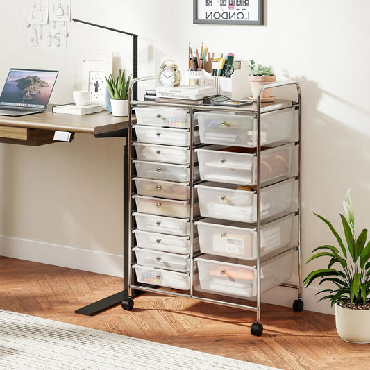 Rolling 15-drawer storage cart with chrome-plated frame and clear drawers DirectDeals on Tampa Home & Garden Store