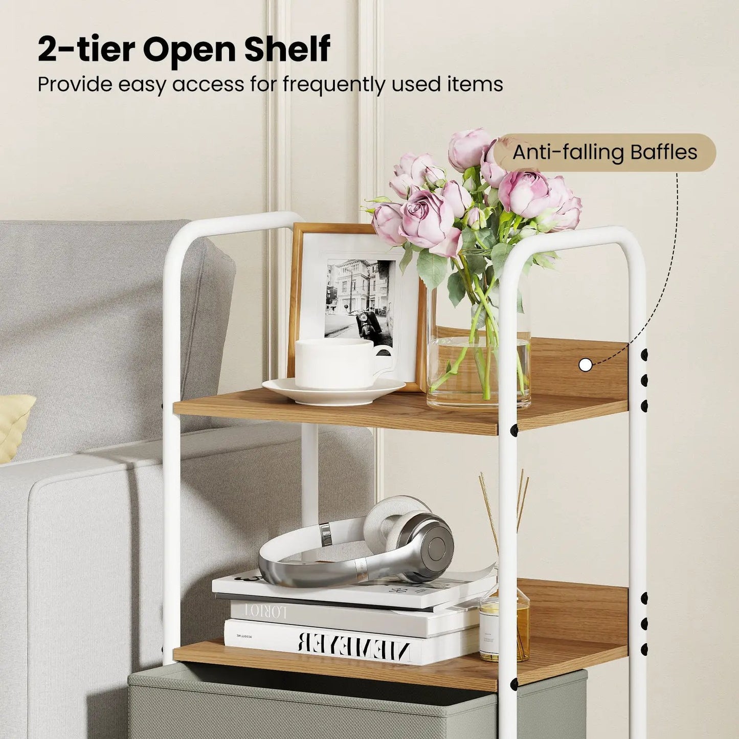 Rolling utility cart with white frame, natural wood shelves and a drawer, DirectDeals on Tampa Home & Garden Store